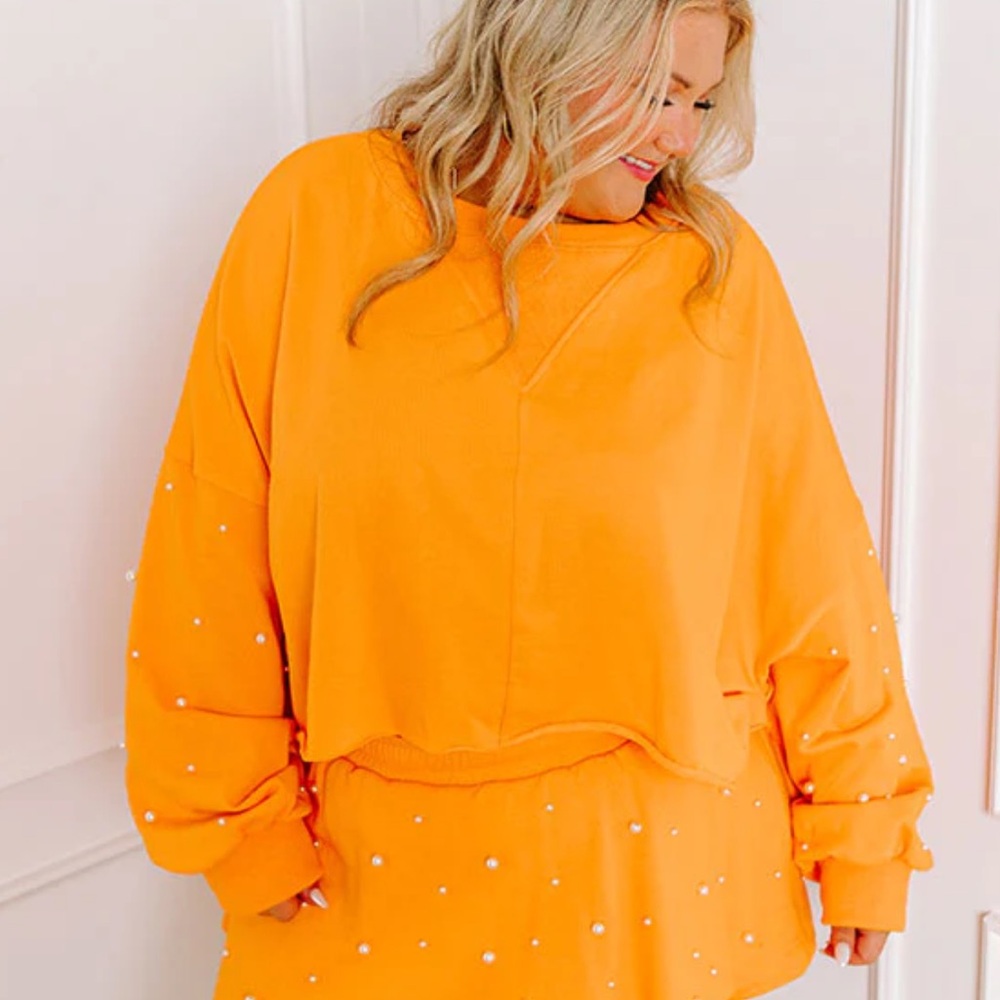 Orange Pearl-Embellished Cropped Sweatshirt - 3XL
